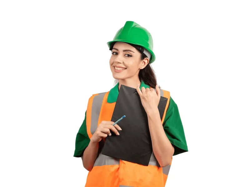 Cesur Formación | Smiling Woman Builder Holding Clipboard On White Background Editada Min
